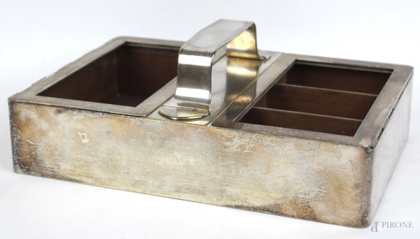 Scatola porta thè in legno e metallo argentato, cm 6x19,5x28,(difetti e mancanze).