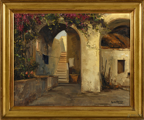 Cortile di Capri, ollio su tela, XX secolo, firmato in basso a destra  G. Odierna, 41,5x51,5, entro cornice