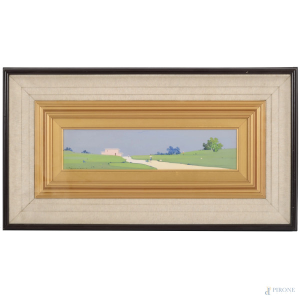 Paesaggio con casolare e figura, XX secolo,  olio su compensato, cm 10x40, firmato in basso a sinistra, entro cornice