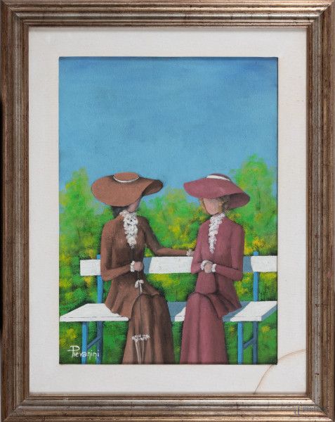 Aldo Pievanini (1938-2007), Donne al giardino, olio su tela, cm 70x50, firmato in basso e al retro, entro cornice, (lievi segni di usura)