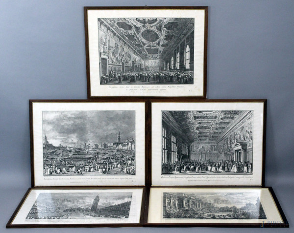 Lotto di cinque stampe raffiguranti vedute di Venezia e Roma, misure max cm. 50x66, entro cornici.