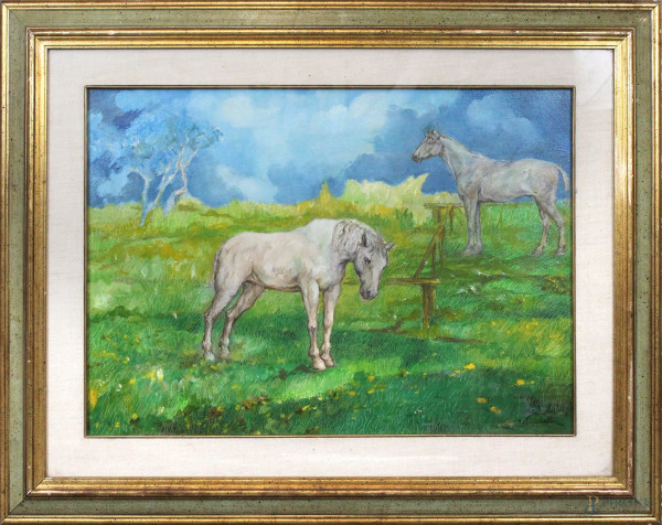 Paesaggio con cavalli, olio su tela, cm 50x70, entro cornice