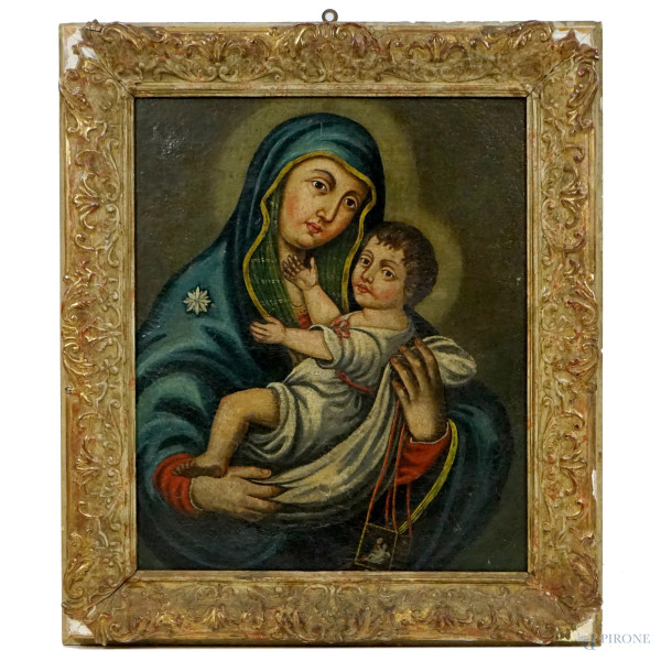 Pittore del XVIII secolo, Madonna con Bambino, olio su tela, cm 61,5x52,5, entro cornice.