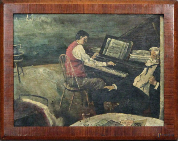 Il pianista, olio su tavola, cm. 30x40, firmato entro cornice.
