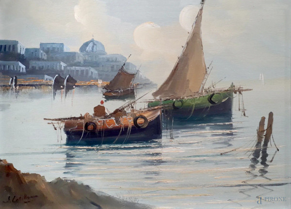 Scorcio marino con barche di pescatori, fine anni 60, olio su tela, cm 50x70, firmato