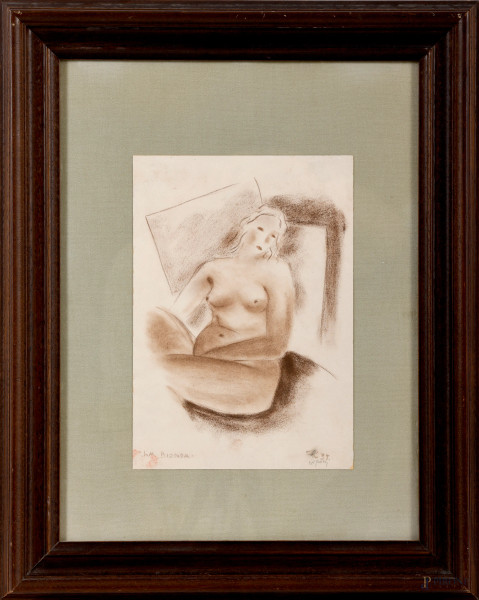 Franco Rognoni (Milano 1913-1999) La bionda, matita su carta, 29x20 entro cornice, titolato in basso a sinistra, firmato e datato "39" in basso a destra,(difetti)