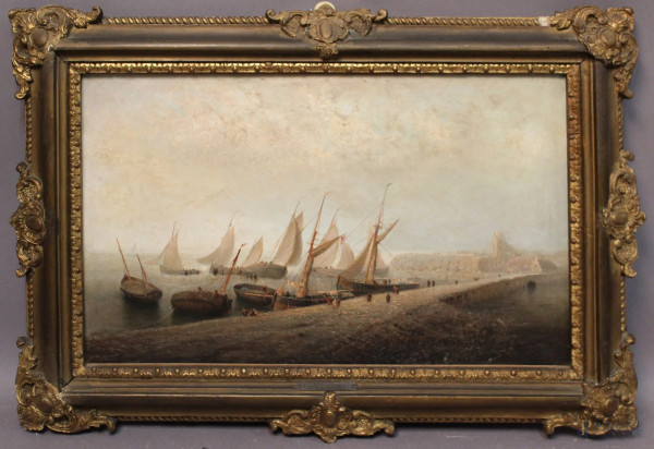 Scorcio di porto con barche e figure, dipinto dell'800 ad olio su tela 54x33 cm, entro cornice firmato.
