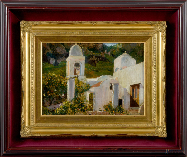 Scorcio di chiesa, olio su compensato, XX secolo, firmato in basso a destra, cm 27,5x38,5, entro cornice