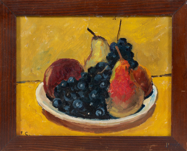 Natura morta con frutta, XX secolo, olio su compensato, cm 23x29,5, siglato in basso a sinistra, entro cornice