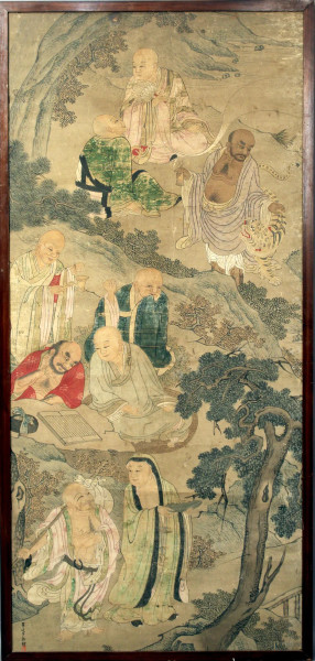 Paesaggio con figure, dipinto a tempera su carta riso, cm. 120x54, Cina XIX secolo, entro cornice.