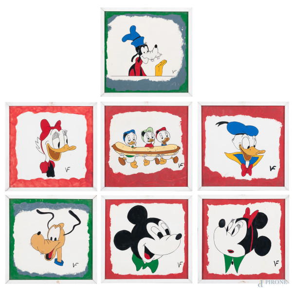 Lotto di 7 opere a tecnica mista raffiguranti personaggi Disney, XX secolo, cm 29,5x30, siglate, entro cornice, (difetti)