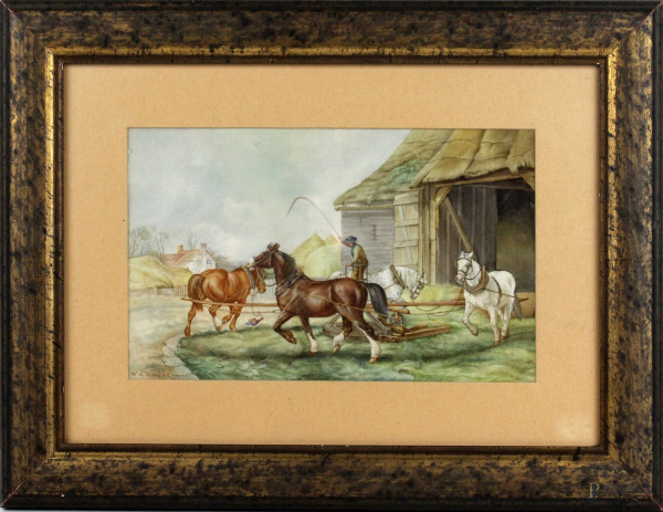 Paesaggio con cavalli, dipinto su ceramica, cm. 17x27, firmato W.A. Hawkins, entro cornice.