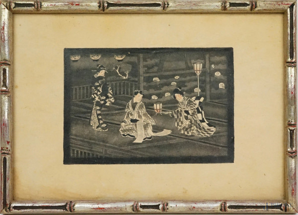 Esterno con tre figure, multiplo su carta, cm 19x27, Giappone, XIX secolo, entro cornice.