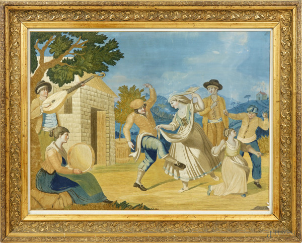 Quadro in seta ricamata rappresentante il ballo della Tarantella, XIX secolo, cm 42,5x57,5, entro cornice