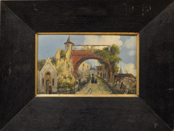 Paesaggio con case e figure, olio su tavola 22x32 cm, XIXsec°, in cornice.