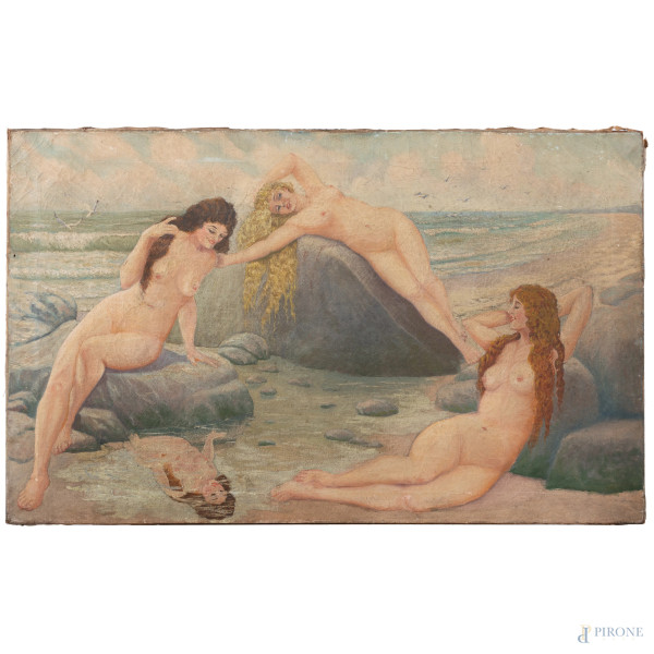 Nereidi, XX secolo, olio su tela, cm 56x91, (segni di usura, craquelure, sollevamenti e cadute di colore, abrasioni, difetti)