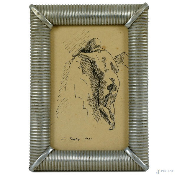 Figura di spalle, china su carta, cm 14x9,5, firmato e datato Gio Ponti 1921, entro cornice, (lievi difetti).