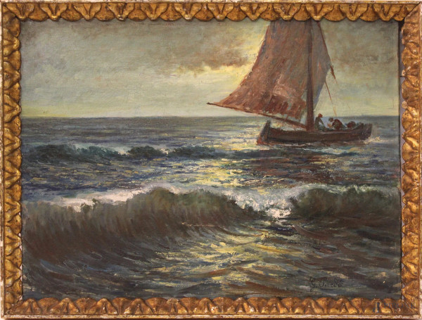 Marina con barca, olio su tavola, cm 34x46, firmato, entro cornice.