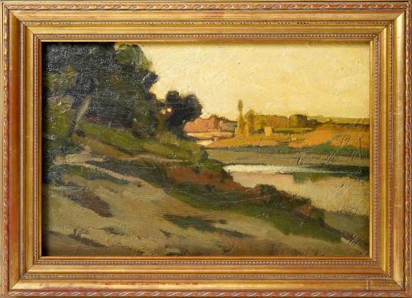 Paesaggio fluviale, XIX secolo, olio su cartone, cm 23x34