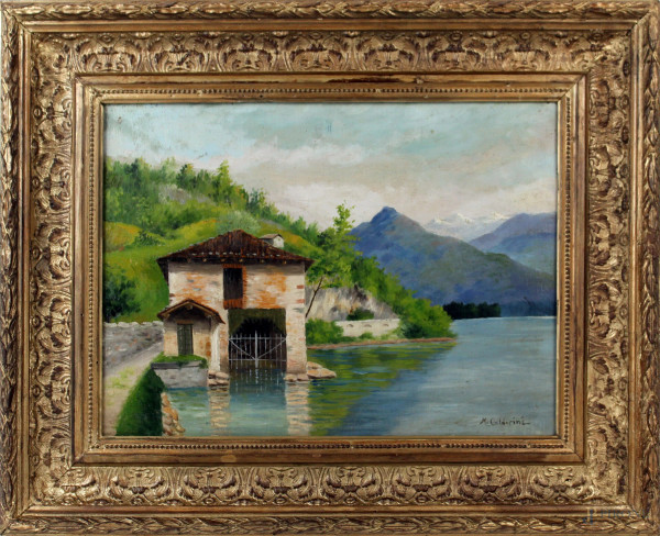 Paesaggio lacustre, olio su tavola, cm 33x43,5, firmato, entro cornice