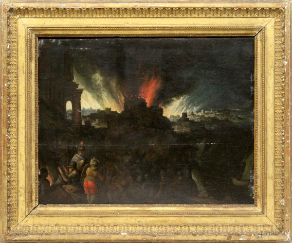 Scuola fiamminga del XVII secolo, Incendio di Troia con soldati, olio su tavola, cm 50x65, entro cornice (piccole cadute di colore).