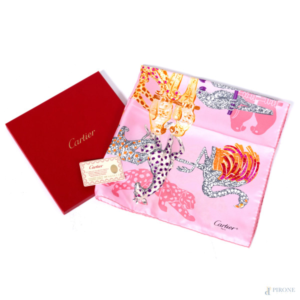 Foulard Cartier con animali esotici su fondo rosa, cm 66x66