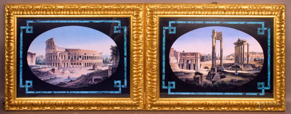 Coppia di stampe raffiguranti Roma, cm 25x35, entro cornici.