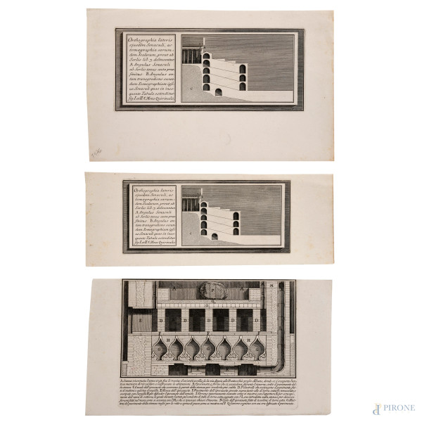 Giovanni Battista Piranesi, (1720 - 1778), Lotto di tre fregi decorativi, misura massima foglio cm 23,5x38, (tracce di umidità, lacerazioni, segni di usura)