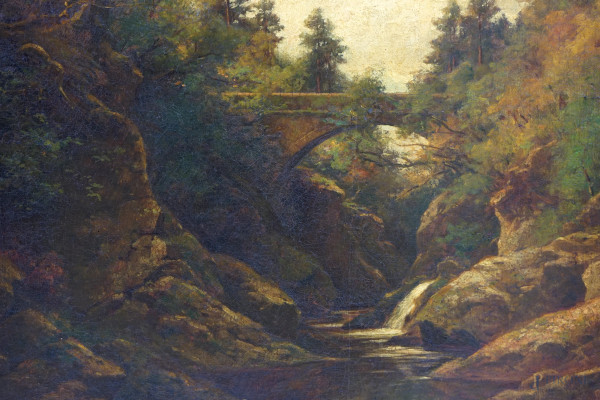 Paesaggio fluviale con ponte, olio su tela, firmato e datato in basso a destra, XIX secolo, cm 81...