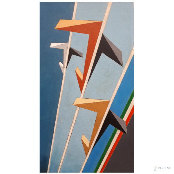 Vittorio Caproni (XX sec.) Ala d’Italia, aeropittura a tecnica mista su tavola, cm 51x15, firmato...