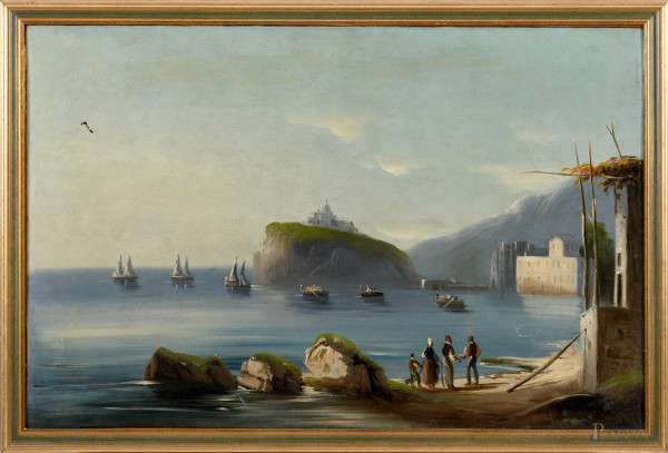 Scorcio marittimo con barche, olio su tela, XX secolo, cm 50x77, entro cornice
