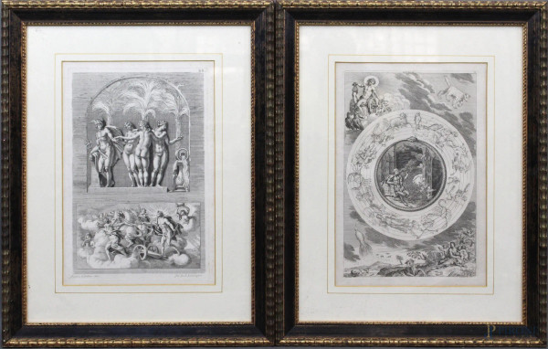 Coppia di incisioni da Joachim Sandrart raffiguranti il Carro di Apollo e i Segni zodiacali, cm. 34x23, XIX secolo, entro cornici.