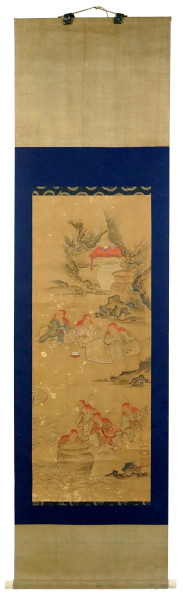 Kakemono raffigurante Scorci di paesaggi con gruppi di bambini, tecnica mista su carta, ingombro cm 178x49, arte orientale, XX secolo, (difetti).