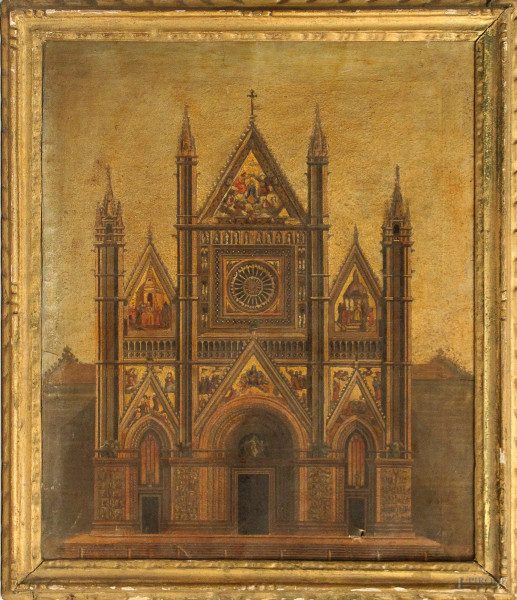 Orvieto, oleografia su tela, cm 53 x 45, entro cornice (ritocchi).