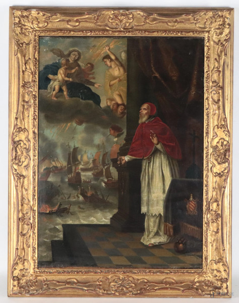 La visione di Pio V durante la Battaglia di Lepanto, XVIII secolo, olio su tela, cm 59x42,5, entro cornice, (segni di usura, lievi graffi, abrasioni e cadute di colore)