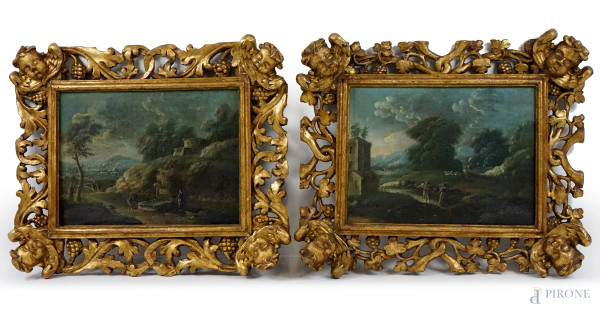 Pittore del XVIII secolo, Coppia di paesaggi con figure, olio su tela, cm 35,5x47,6, entro antiche cornici in legno intagliato, scolpito e dorato con teste di cherubini e tralci vegetali