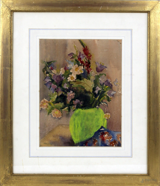 Marcel Niquet - Vaso di fiori, acquarello su carta, cm. 32x24, entro cornice.