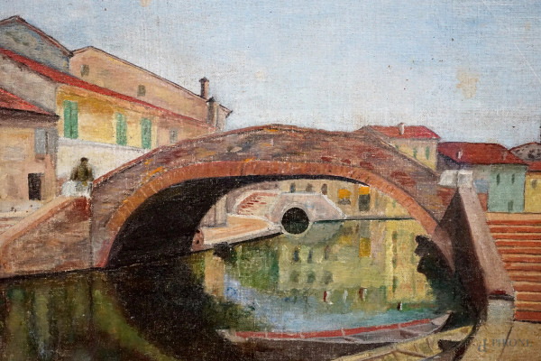 Ponte di Chioggia, olio su cartone telato, cm 25x30, firmato, entro cornice, (difetti)