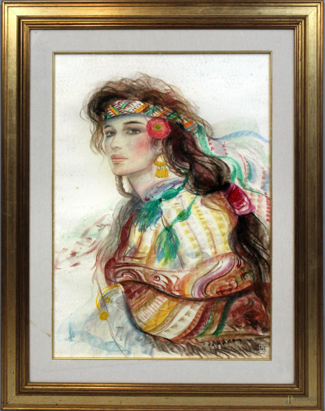 Jovan  Vulic - Ritratto di ragazza, tecnica mista su carta, cm. 70x50, entro cornice.