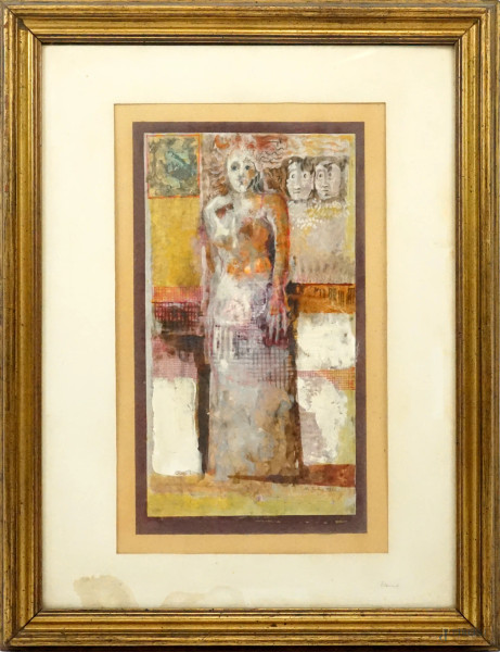 Figure, tecnica mista su carta, cm 40x20, firmato A. Totero 1966, entro cornice.