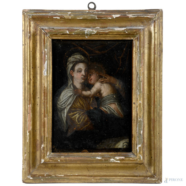 Madonna con Bambino, XIX secolo, olio su tavola, cm 24,5x16,5, entro cornice, (segni di usura, abrasioni, fori di tarlo, cadute di colore, difetti)