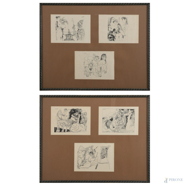 Lotto di sei stampe erotiche da Pablo Picasso entro due cornici, XX secolo, cm 52x66 compreso passepartout, (lievi segni di usura, foxing)