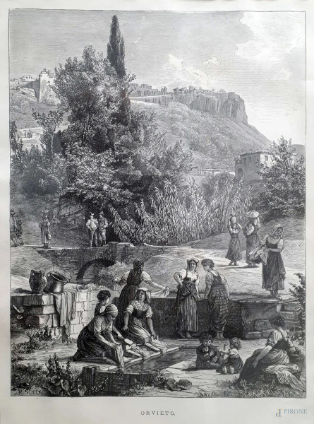 Antica incisione ottocentesca raffigurante scena rurale con veduta di Orvieto, cm 45x35, con corn...