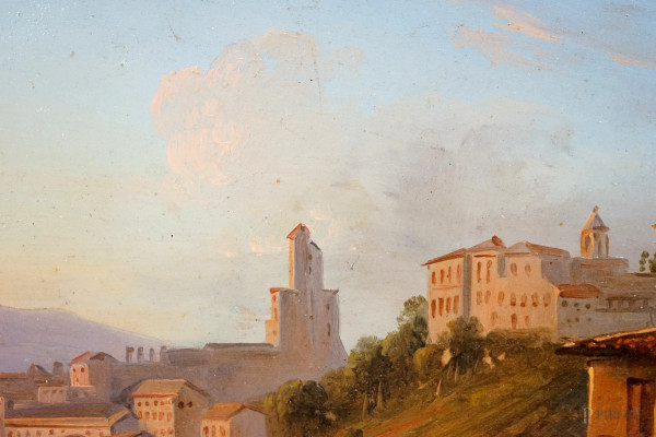Scuola italiana della fine del XIX secolo, Veduta di città con ponte, olio su cartoncino, entro c...