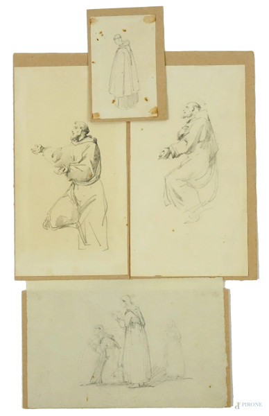 Scuola napoletana, lotto di quattro bozzetti raffiguranti studi di soggetti sacri, matita su carta, misure max cm 14,5x21,5, XIX secolo, (macchie sulla carta).
