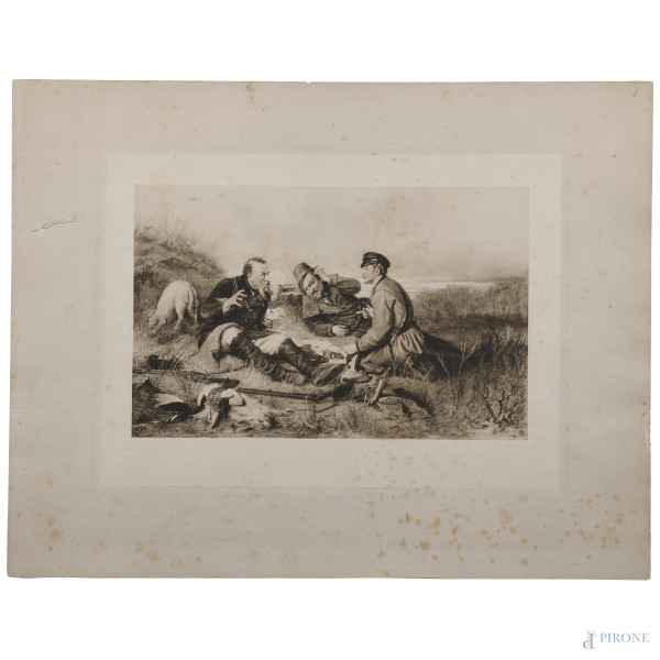 Incisione fotolitografica raffigurante cacciatori a riposo, fine del XIX secolo, cm 40,5x52, (segni di usura, tracce di umidità, gore, foxing, lacerazioni della carta, tracce di piegatura)