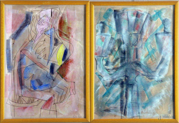 Figure astratte, disegno a tecnica mista su carta, 30x40 cm, entro cornice firmato