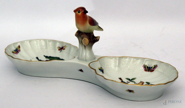 Centrotavola a due vaschette in porcellana con decoro di farfalle e volatili, h.13,5x34 cm