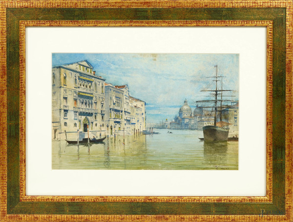 Rocco  Lentini - Veduta di Venezia, acquerello su carta, firmato e datato in basso a destra R. Lentini 1879, misure comprese passepartout cm 30,5x43, entro cornice