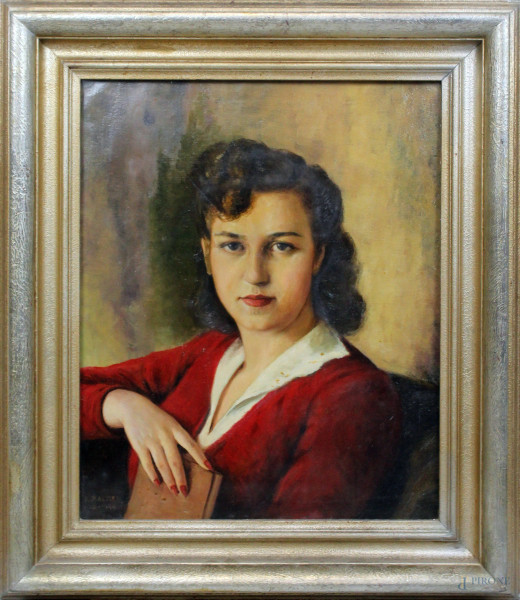 Arnaldo Malpieri - Ritratto di donna con libro, olio su tela, cm 55x45, entro cornice